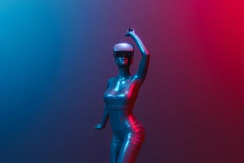 3d girl dancing with virtual reality goggles and neon illumination Illustrazione stock