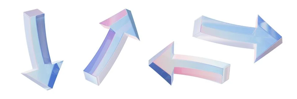 3D glass arrow set, render holographic pointer kit, curved direction up down Stock Illustration
