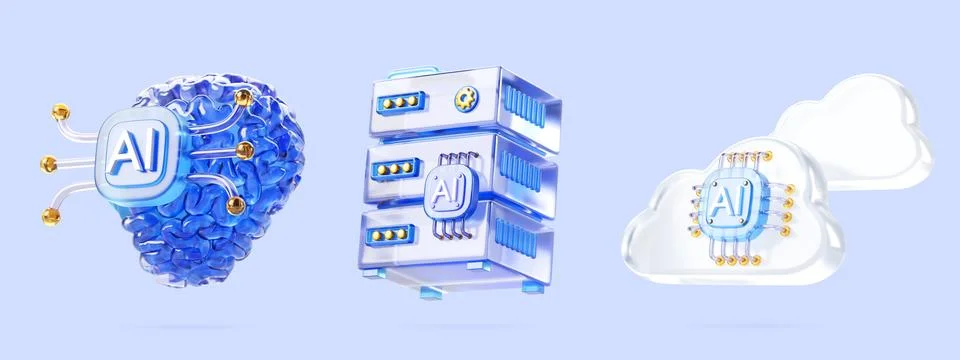 3d glass artificial intelligence icon set render. Brain with ai chip, data Stock Illustration