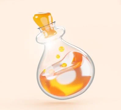 3d glass bottle with magic potion or elixir. Flask with golden spell liquid and Illustrazione stock
