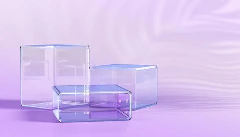 3d glass cube box podium with palm leaf shadow on purple wall background Illustrazione stock