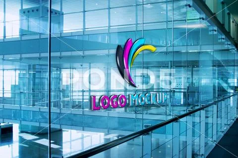 3D Glass Logo Mockup on Blue Office Wall PSD Template