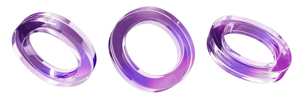 3D glass ring set, plastic purple transparent geometric glossy shape Stock Illustration