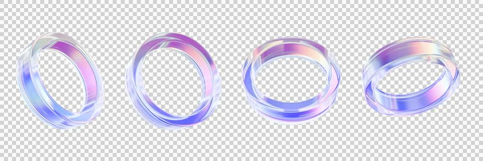 3D glass ring set, plastic transparent geometric retro shape, purple glossy Stock Illustration