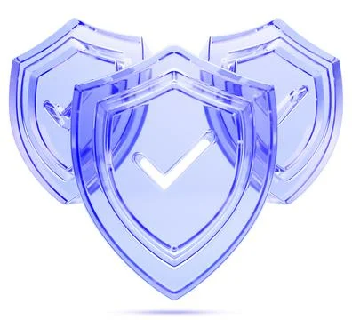 3d glass shields with check mark render. Blue transparent icons with tick sign Stock Illustration