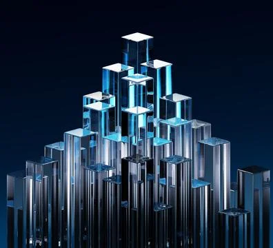 3d glass transparent rectangle pillars on dark blue background. Crystal mountain イラスト素材