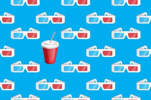3d glasses and soda vector pattern on blue Stock Illustration