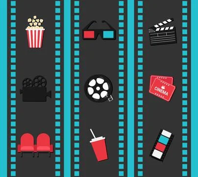 3D glasses, clapperboard, popcorn, video camera, film reel, cinema tickets 스톡 일러스트