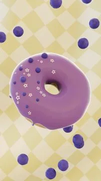 3D glazed blueberry donut spin vertical falling berries fresh vitamins summer Stock Illustration