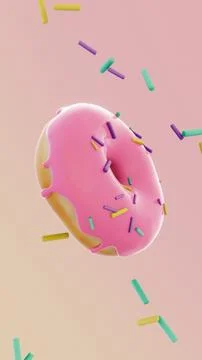 3D glazed donut spin vertical render picture frosted icing pink falling colour Stock Illustration