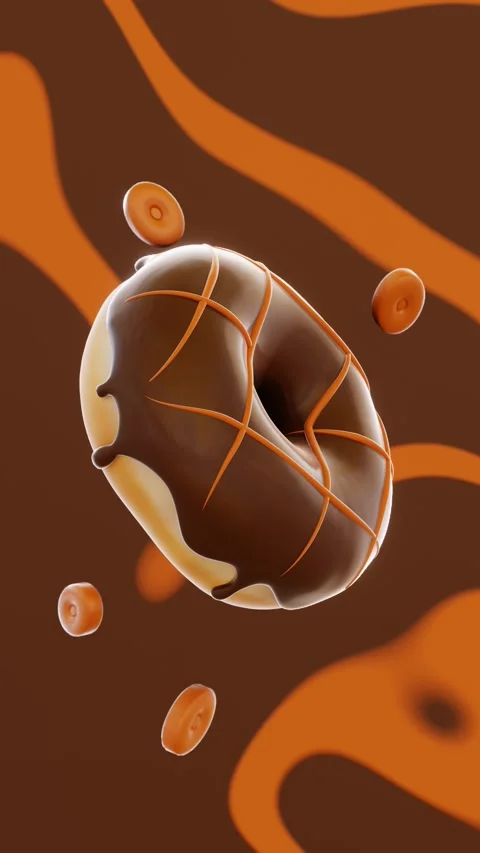 3D glazed donut vertical spin falling caramel nougat candies dragee brownie Video stock 316053679