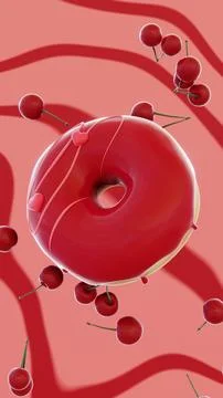 3D glazed donut vertical spin falling cherry berries love hearts valentines Stock Illustration