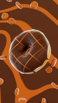 3D glazed donut vertical spin falling caramel nougat candies dragee brownie Stock Illustration