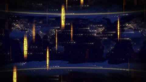 3D global map showing city glow few golden columns appearing initiating rising Stock Footage 334337894