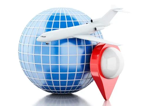 3D Globe airplane and map pointer 스톡 일러스트