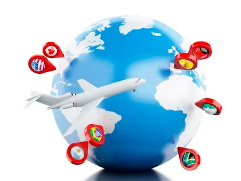 3D Globe, airplane and map pointer. 库存插图