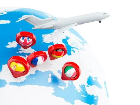3D Globe, airplane and map pointer. Illustrazione stock