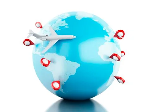 3D Globe, airplane and map pointer. Stock Illustration