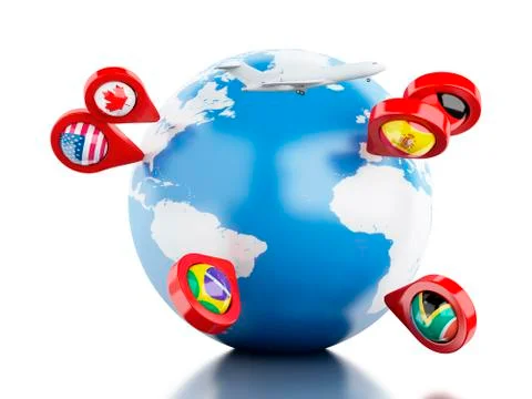 3D Globe, airplane and map pointer. Stock Illustration