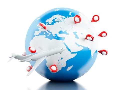 3D Globe, airplane and map pointer. 스톡 일러스트