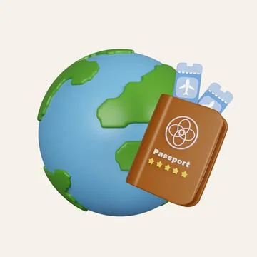 3D globe airplane ticket and Brown passport icon. Identification Document. icon Stock Illustration