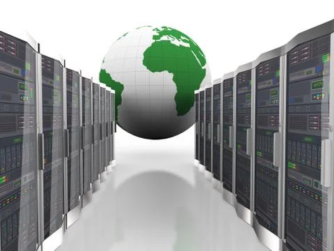 3d globe and computer network servers Stock Illustration