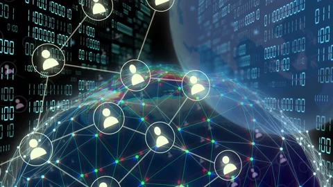 3D globe animating, avatars popping on mesh, starting lines linking, nodes Stock Footage 333790061