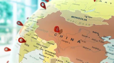 3d globe with china location points. Ilustración de archivo
