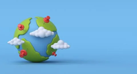 3D globe with clouds and red pins on blue background Stock Illustration