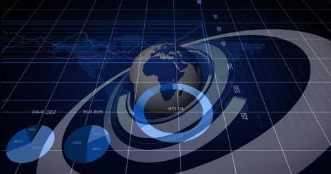 3D globe with data rings floating in analytics dashboard, with pie charts line Illustrazione stock