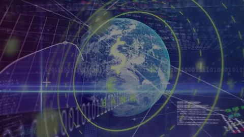 3D globe with dollar sign and BANK pulsing as blue scanline passing, revealing Stock Footage 333859626