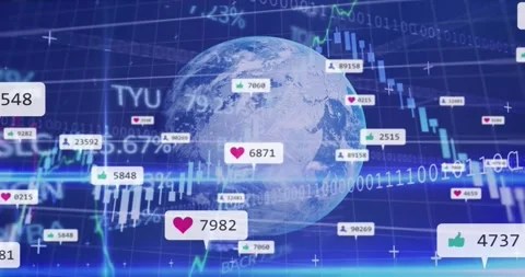 3D globe emerging on blue grid, heart icons updating metrics while visualizing Stock Footage 317117791