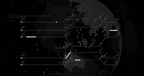 3D globe emerging; extending lines; forming overlay; scrolling code; rotating, Stock Footage 330736102
