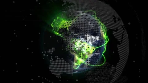 3D globe emitting green glow at S America, Africa, tracing arcs to N America, Stock Footage 330741565