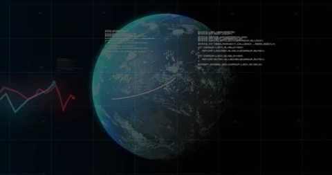 3D globe entering on dark grid, line graphs fading, code scrolling, data trends Stock Footage 317466684