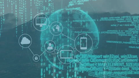 3D globe floating over mountain lake scene, connecting devices, turbines and Stock Footage 307884771