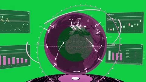 3D globe floating on transparent background, panels sliding, pins linking, Stock Footage 341869588