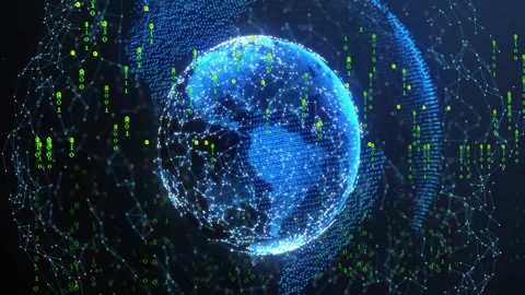 3D globe forming from glowing blue dots and lines, rotating, sending binary code Stock Footage 309111021