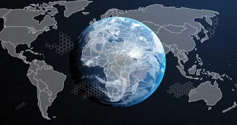 3D globe getting right lighting, rotating and facing viewer as tech hex overlays Stock Footage 330258537