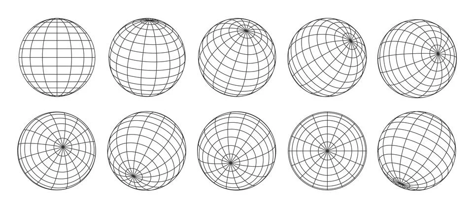 3d globe grid, planet sphere and ball wireframe Stock Illustration