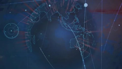 3D globe initiating rotation while sweeping data streaks linking continents Stock Footage 329851012
