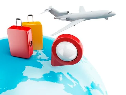 3D Globe with map pointer, airplane and suitcase. Stock Illustration