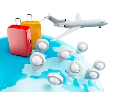 3D Globe with map pointers, airplane and suitcase. Stock Illustration