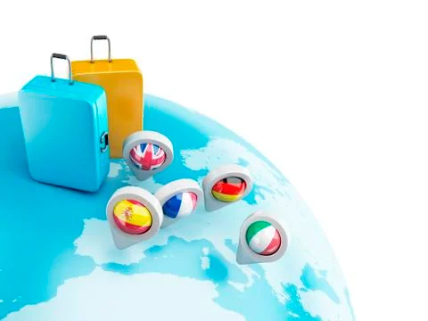 3D Globe with map pointers and suitcase. イラスト素材