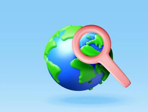 3D Globe with map of world with magnifying glass Stock Illustration