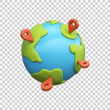 3d globe with pins. GPS location, direction or destination indicator concept. Stock Illustration