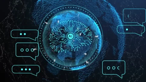 3D globe pulsing, AI node sparking chat bubbles and euro icons orbiting, showing Stock Footage 334351907