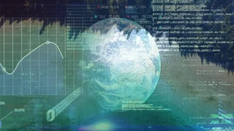 3D globe reacting to sweeping beam becoming faint overlay over sunlit forest Stock Footage 331567868
