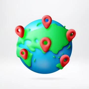 3D globe with red location map pins Stock Illustration