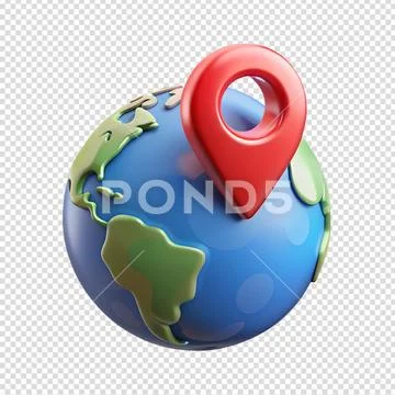 3d globe with red pin, geographic marker isolated PSD Template